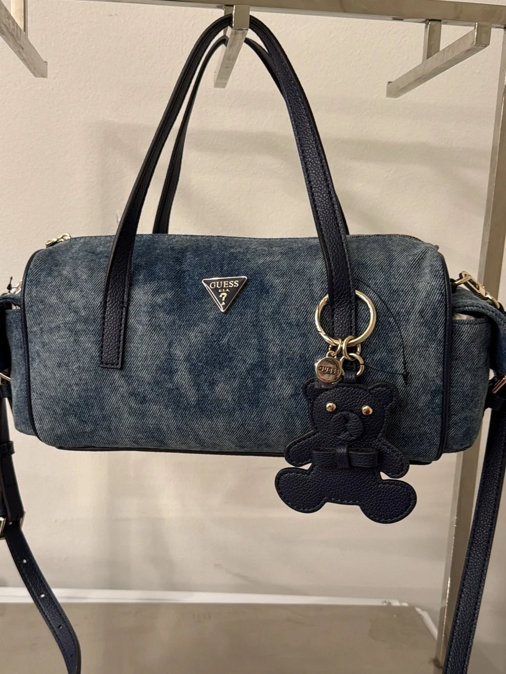 GUESS Navy Denim Barrel Satchel with Teddy Charm